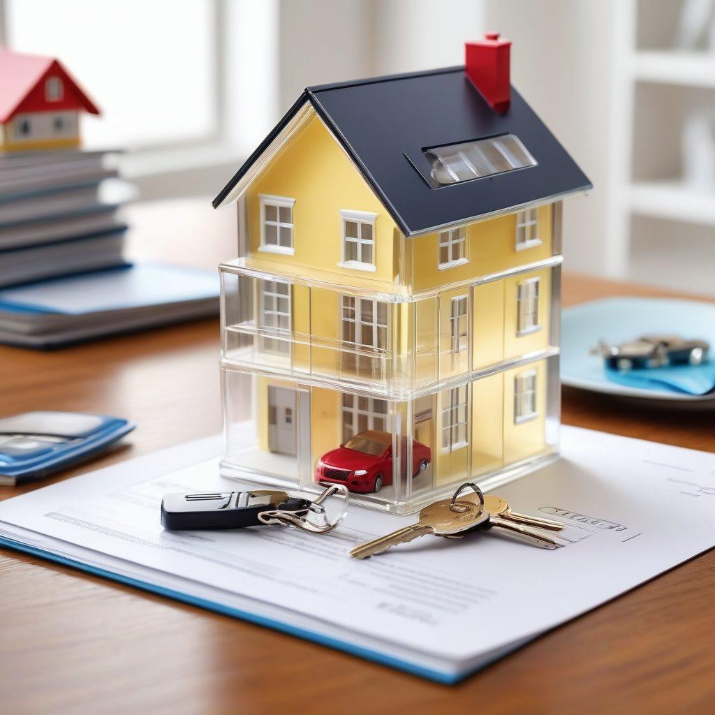 A cozy home and a sleek apartment surrounded by a protective shield symbolizing insurance. Include visual elements like house keys, insurance documents, and a family enjoying their safe environment. Bright, inviting colors that evoke trust and security. super-realistic. vibrant colors. white background.