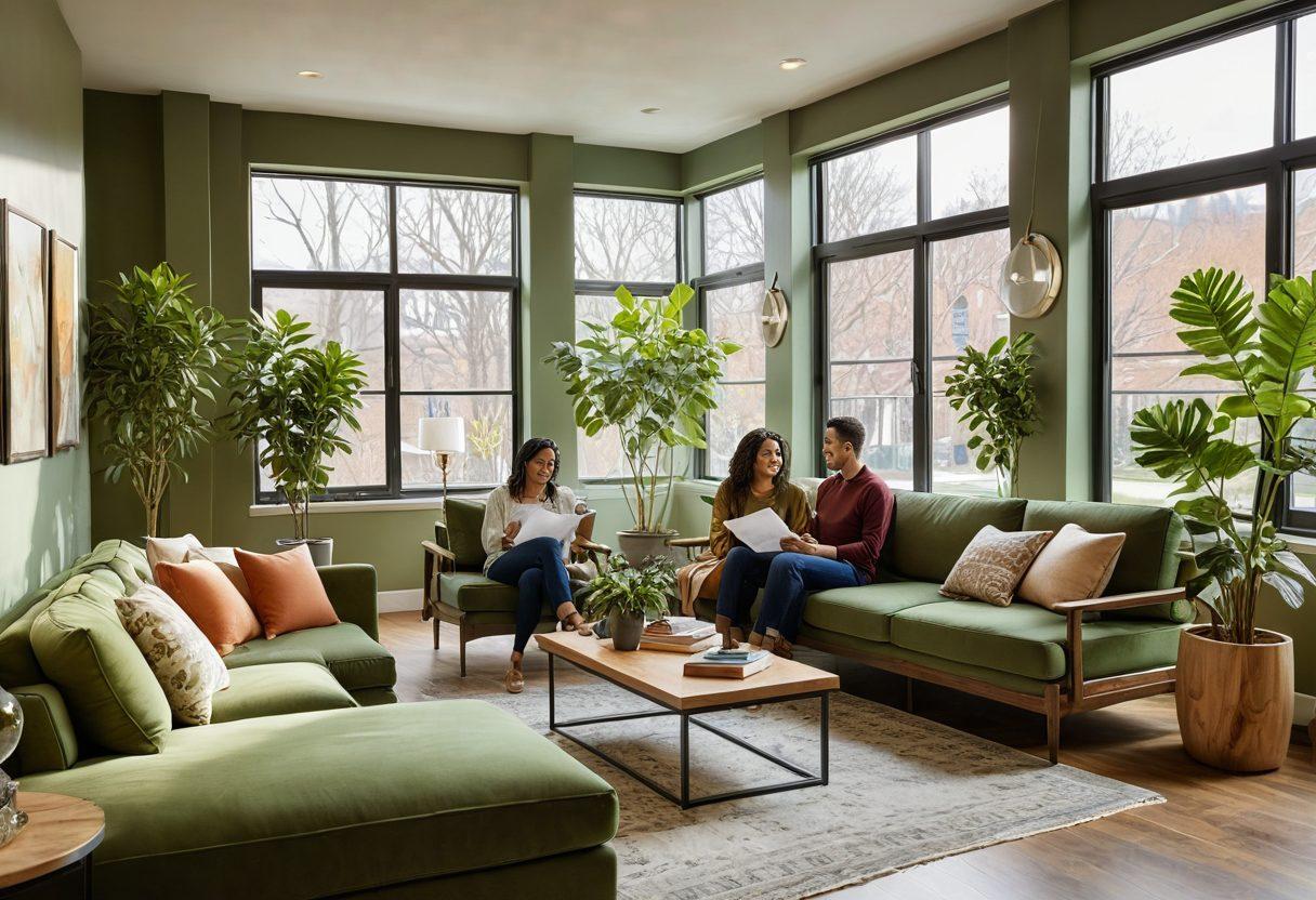 A cozy apartment setting illustrating a happy tenant holding an insurance policy, surrounded by symbols of security such as a shield and a lock. A diverse group of tenants discussing benefits in a warm, inviting living room with plants and sunlight streaming in. Emphasize a sense of community and safety. soft colors. realistic style. natural light.