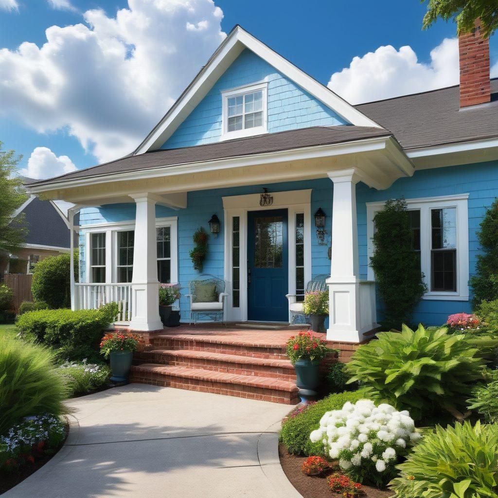 A cozy rental property featuring a welcoming front porch, surrounded by lush greenery. The scene includes a shield symbol to represent protection over the home and valuables, with images of various valuables like furniture, electronics, and jewelry subtly placed in the background. The sky is bright blue with fluffy clouds, conveying a sense of safety and reassurance. super-realistic. vibrant colors.